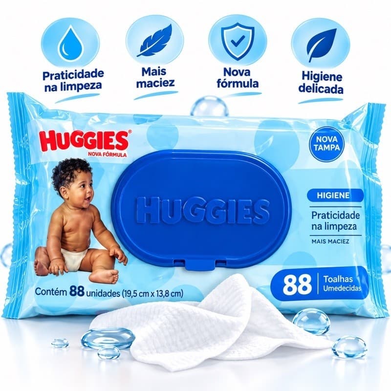 Lenço Umedecido Huggies 88 Unidades Nova Fórmula com Tampa – Higiene e Maciez para Bebê