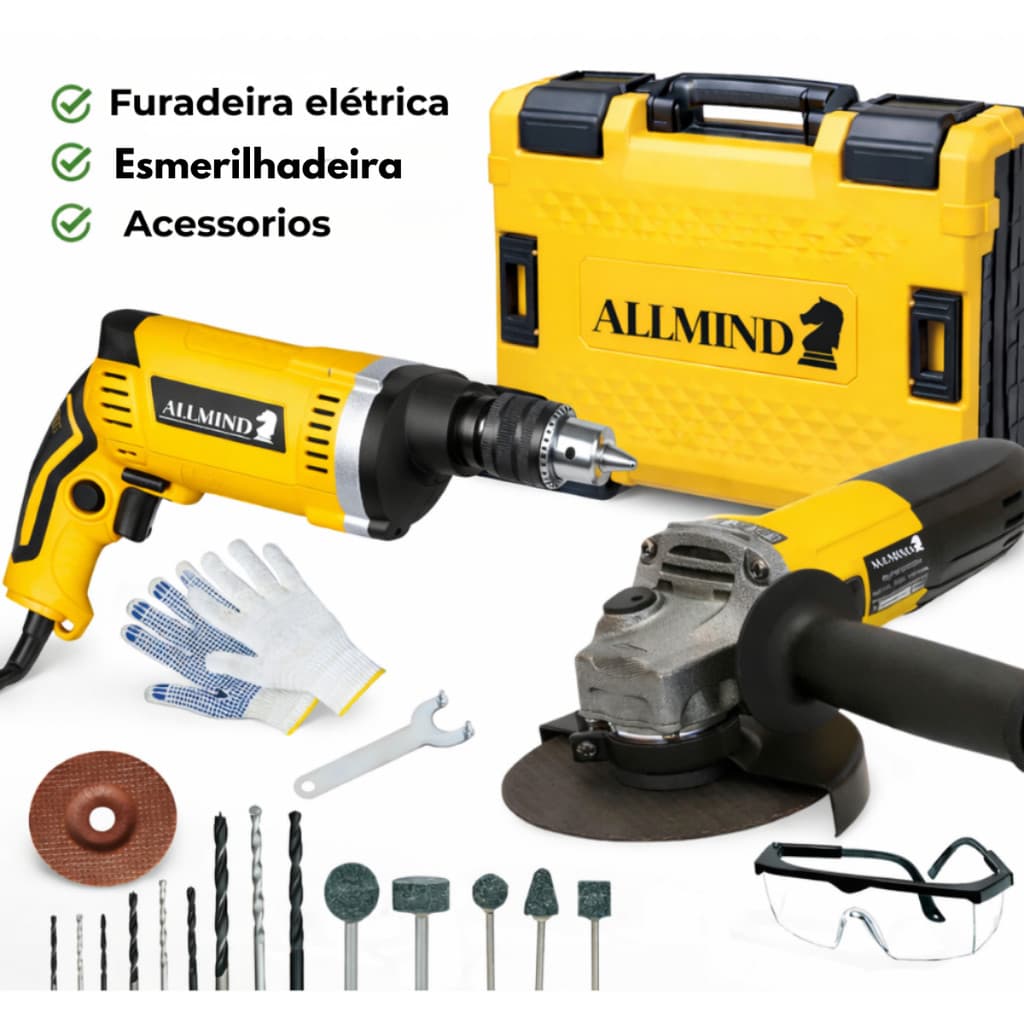 Kit Furadeira de Impacto 900W + Esmerilhadeira Angular 4½” Profissional com Maleta