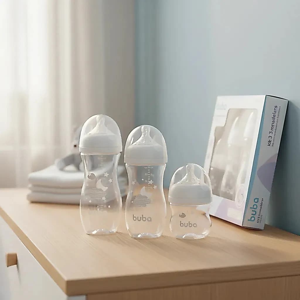 Buba Kit 3 Mamadeiras Anticólica Easy Flow branco nuvem 120ml, 270ml e 330ml – Ideal para Todas as Fases do Bebê.