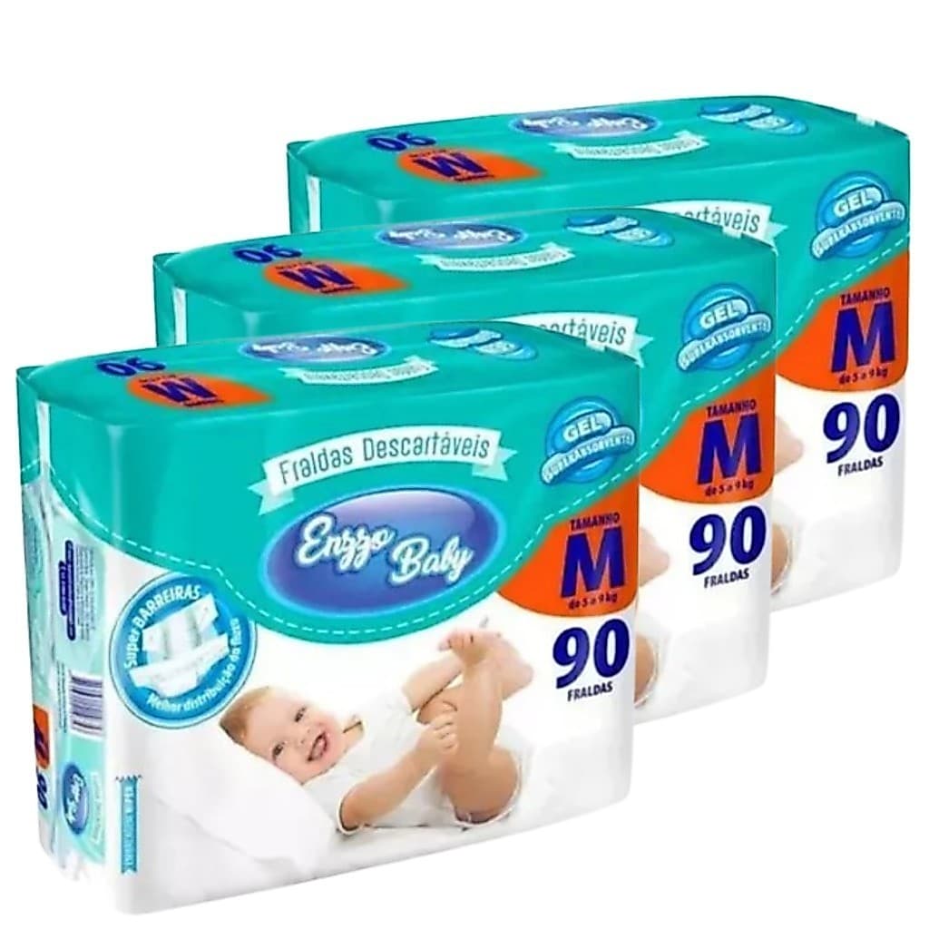 Kit 3 Fraldas Descartavel Infantil Enzzo Baby Tamanho M - 90 Unidades Total 270 Unidades