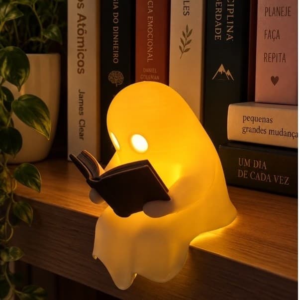 Luminária Fantasma Leitor + Vela LED BRINDE | Decoração Quarto Estante | Decoração Geek | Luminária Fantasminha