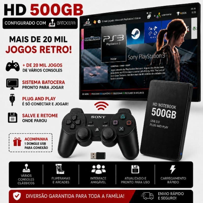 🎮 HD MULTIJOGOS PC COM BATOCERA — PRONTO PARA JOGAR | HD 500GB E CONTROLE PS3 BLUETOOTH