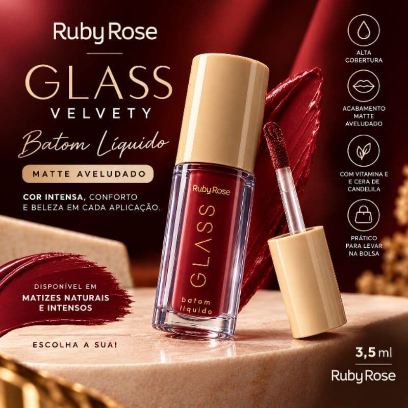 Batom Líquido Ruby Rose Glass Velvety Matte Aveludado Alta Cobertura 3,5ml