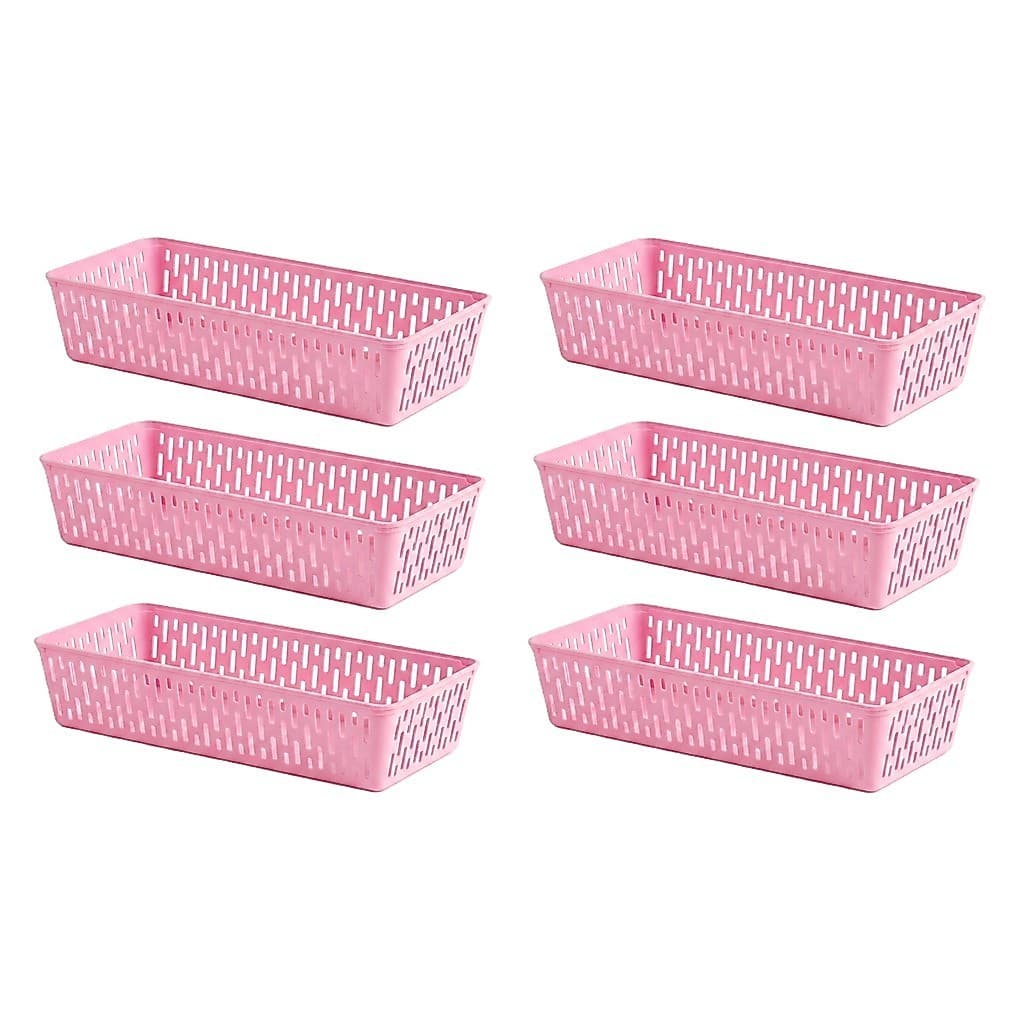 Kit 6 Cestas Organizadoras  Retangulares Linha Lines 29x11x6 Multiuso Banheiro Cozinha Rosa