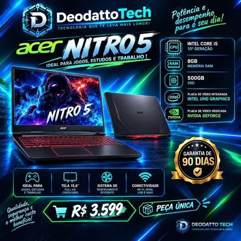 Notebook Gamer Acer Nitro 5 Intel Core i5 10ª Gen 8GB RAM SSD 512GB Nvdia