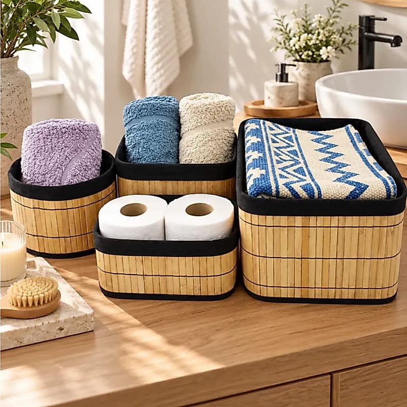 Kit 4 Cestos Caixa Organizadora De Bambu Grande Com Forro Removível Preto Multiuso Para Banheiro Quarto Armário Cozinha