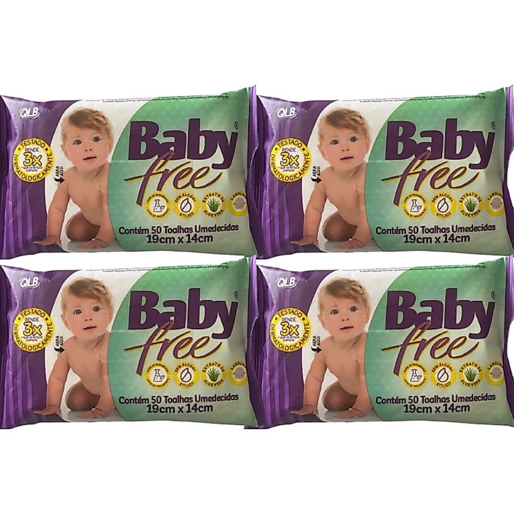 Kit Acompanha 4 Pacotes de Toalha Umedecida Baby Free de 19cm * 14cm Cada