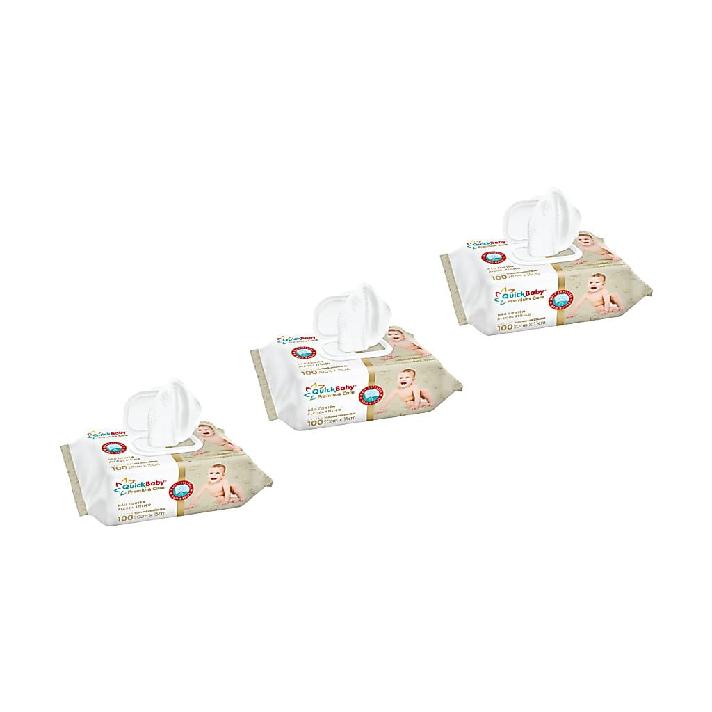 KIT 3 TOALHAS UMEDECIDAS QUICK BABY PREMIUM CARE 300 FOLHAS