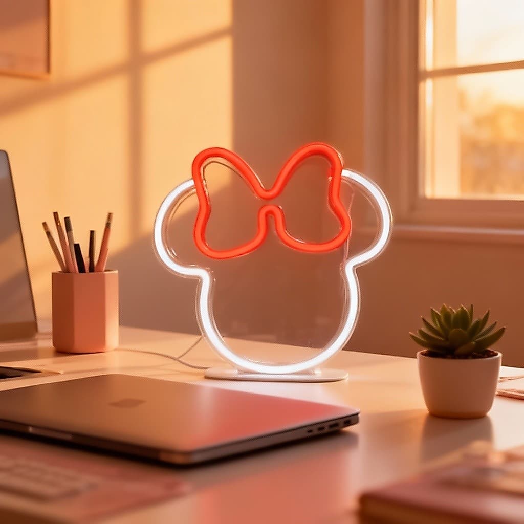 Luminária Neon LED Minnie Mouse Branca Laço Vermelho Decoração