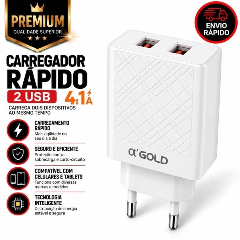 Carregador rápido 4.1A 2 USB Fonte Rápida Celular Tablet Bivolt Universal
