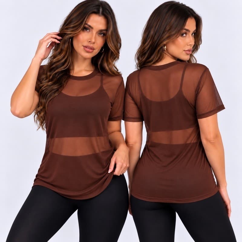 Blusa Tipo Camisão Feminino de Tule Transparente Telinha com Manga Roupa de academia Moda fitness