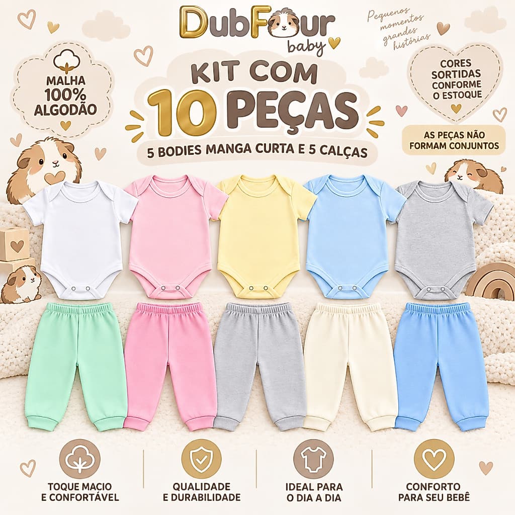 Kit Enxoval Bebê 10 Peças 5 Body Manga Curta 5 Calças Mijão Lisas 100% Algodão Menina Menino Unissex