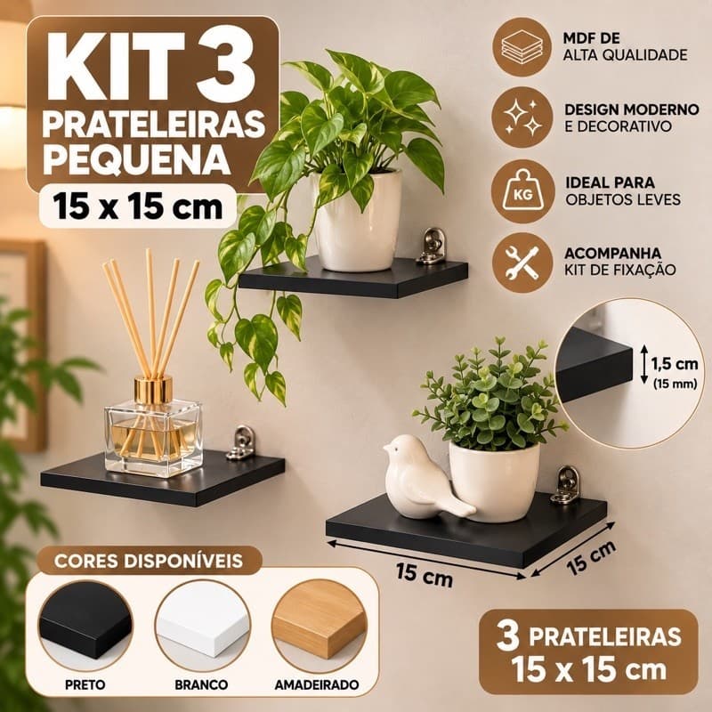 kit 3 Prateleira de Parede Pequena 15x15cm MDF 15mm Decorativa com Suporte