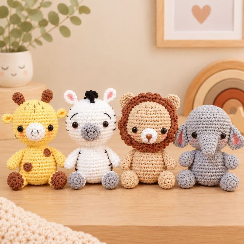 Kit Mini Safari Baby Amigurumi de Crochê Artesanal | Girafa, Zebra, Leão e Elefante | Decoração Infantil e Presente