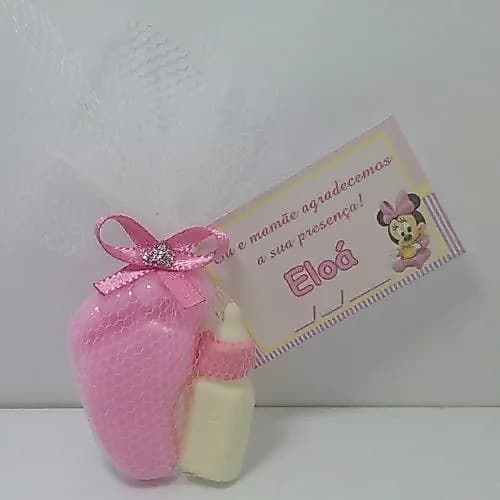 10 Lembrancinhas Pezinho de Sabonete com Mamadeira Rosa no tule + Tag Personalizado