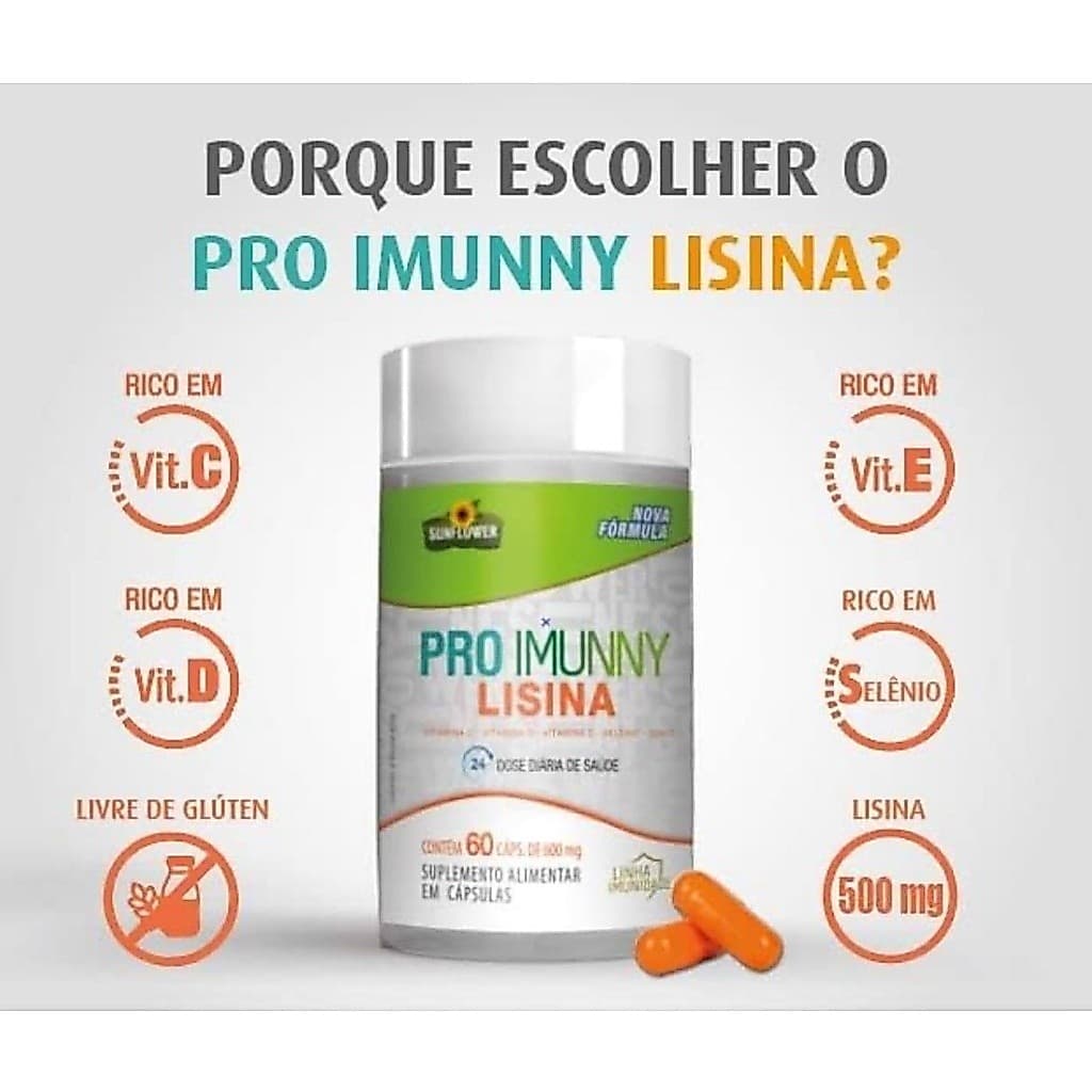 Lisina 500mg / Vitamina D 2000 UI , Zinco , Selênio , Vitamina C , Pro Imunny Capsulas 600Mg