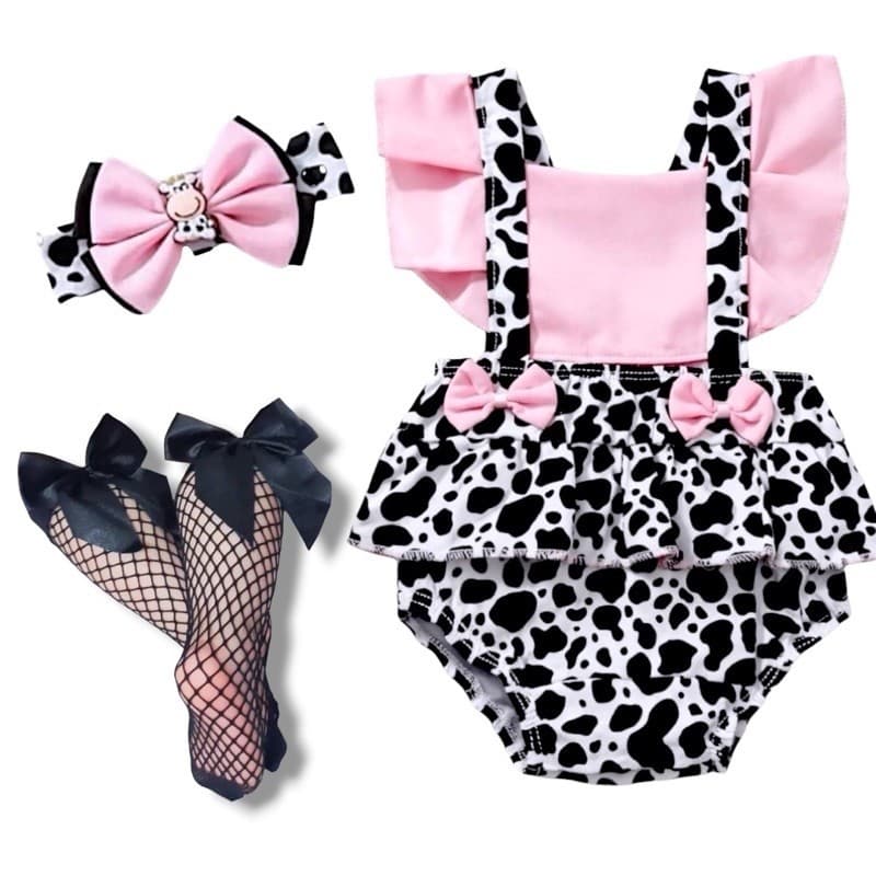 kit 3 peças vaca fazendinha romper tematico mesversario bebe menina recem nascida