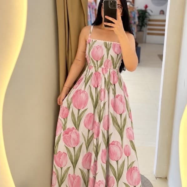 Vestido Tulipa Vestido Longo Feminino Estampado Floral Rosa Tulipas Cintura Marcada Verão Moda Feminina