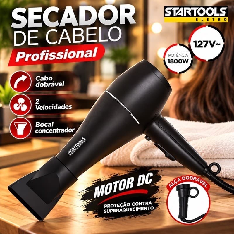Secador de Cabelo Profissional Startools 1800W 127V 2 Velocidades Cabo Dobrável Bocal Concentrador Motor DC Potente