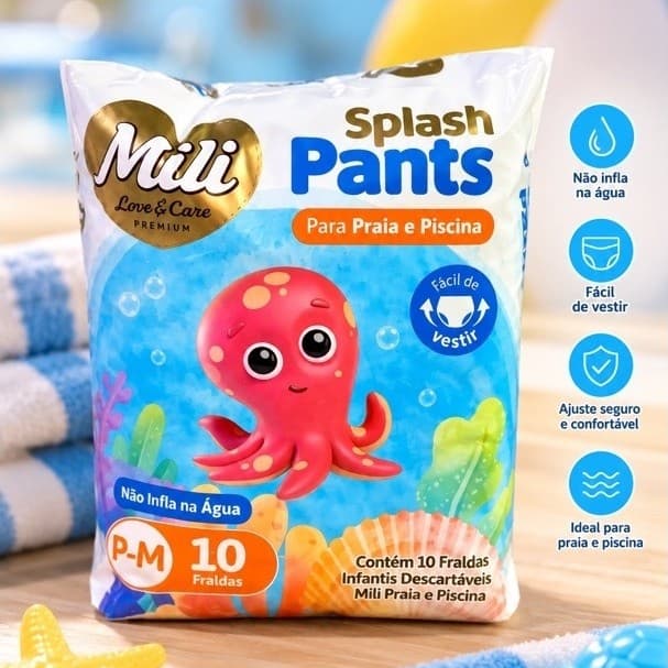 Fralda Infantil Mili Splash Pants para Praia e Piscina – Fralda de Natação Descartável