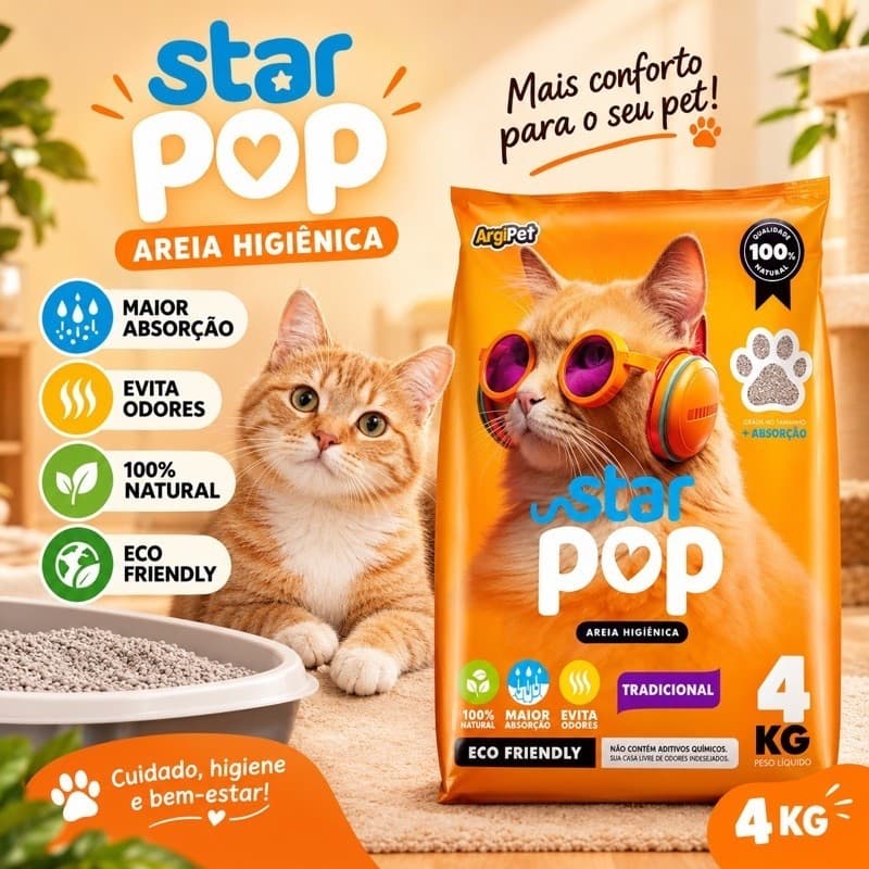 KIT 20kg AREIA SANITÁRIA GATO NATURAL ARGILA ABSORVENTE ECOLÓGICA (antiodor)-STAR POP TRADICIONAL