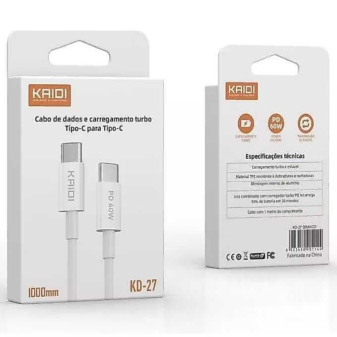 Carregador Turbo 60W KAIDI ORIGINAL Tipo-C Carregamento Rápido Resistente - ENVIO RÁPIDO