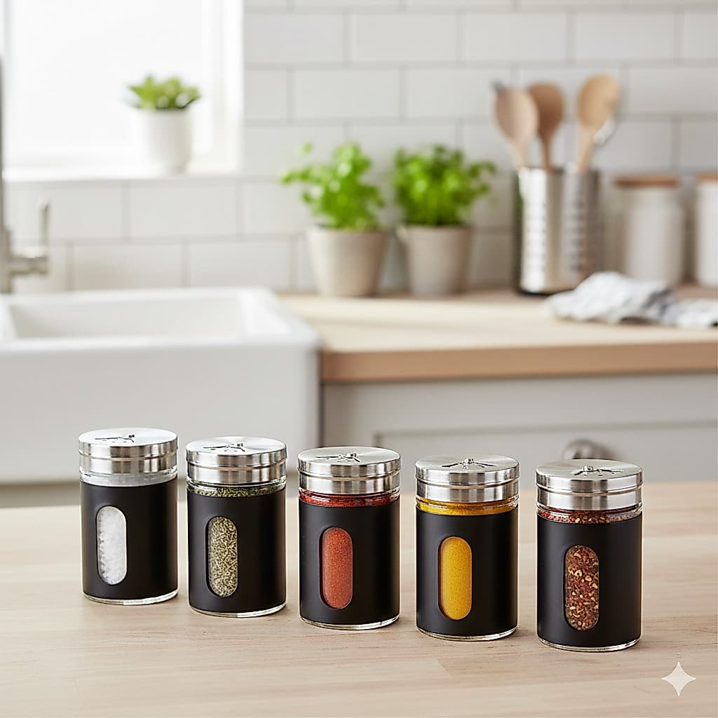 Kit Porta Condimentos Temperos De Vidro Com Tampa Dosadora Preto Cozinha Saleiro Paliteiro Utilidade