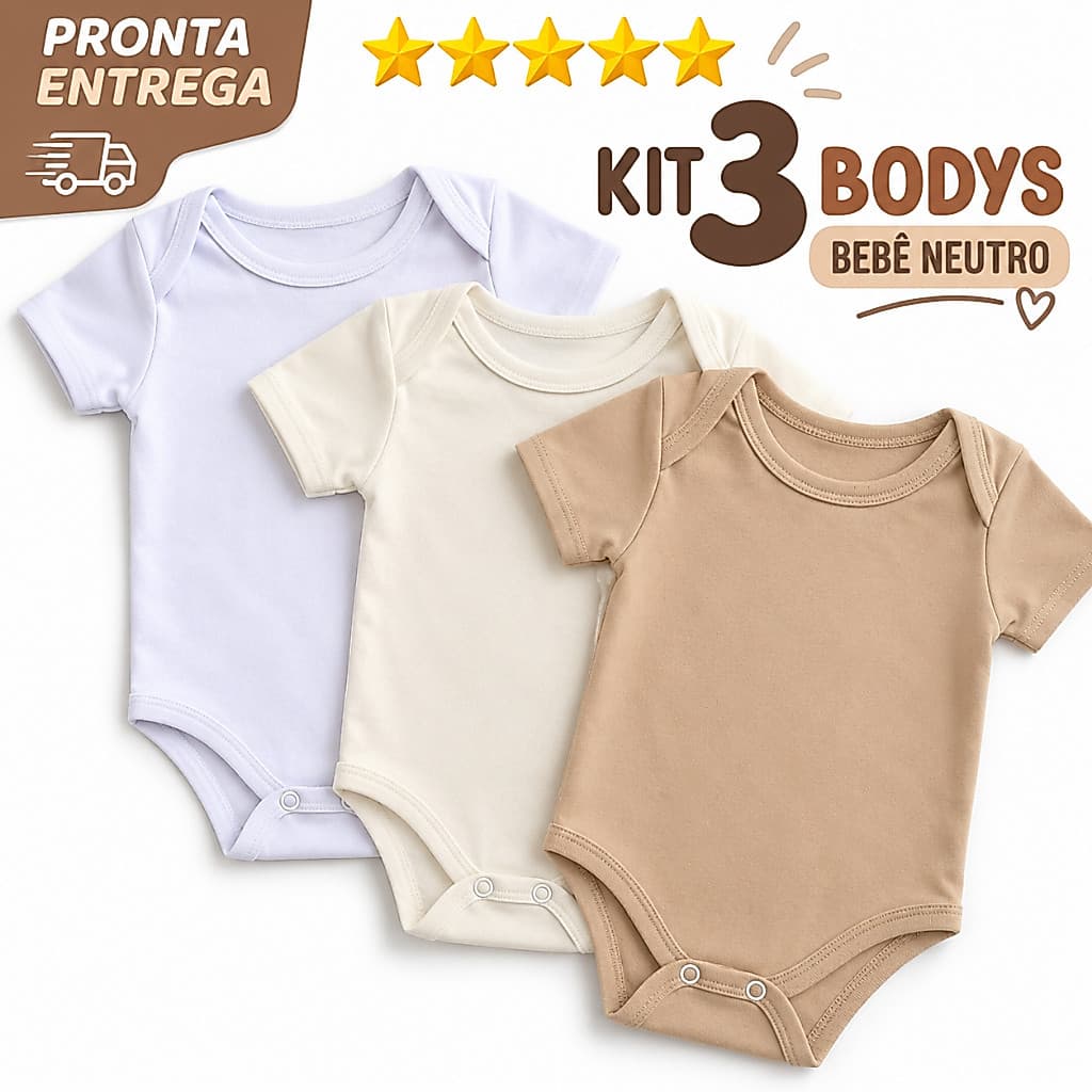 Kit 3 Body para Bebê Neutro 100% Algodão Minimalista Manga Curta Enxoval