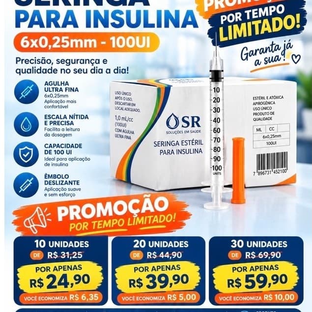 Seringa 1ml 100ui SR Agulha 6mm Ultra Fina Alta Precisão Sem Desperdício Confortável Descartável Kit 10 20 30 Un