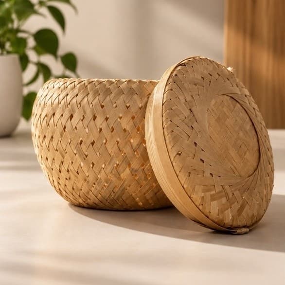 Cesto Organizador de Bambu com Tampa Artesanal | Decoração Boho Natural para Sala, Quarto e Banheiro