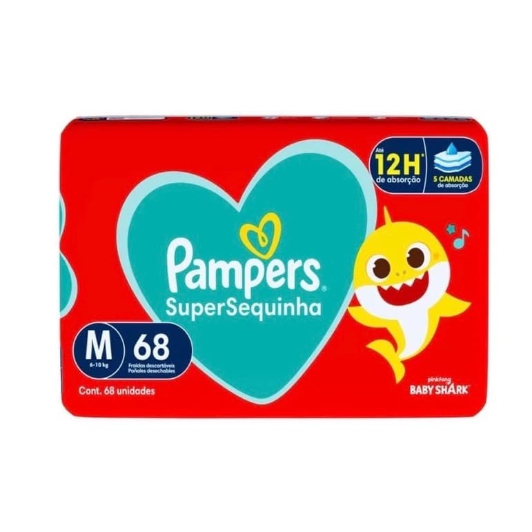 Fraldas Pampers Super Sequinha M 68 un Baby Shark até 12H de absorção 6-10kg