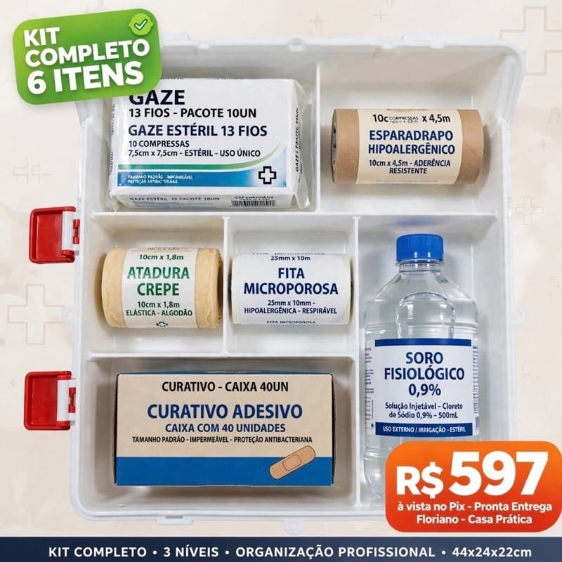 KIT CASA PRÁTICA FLORIANO - Maleta Primeiros Socorros Gigante 44cm Completa - 6 Itens