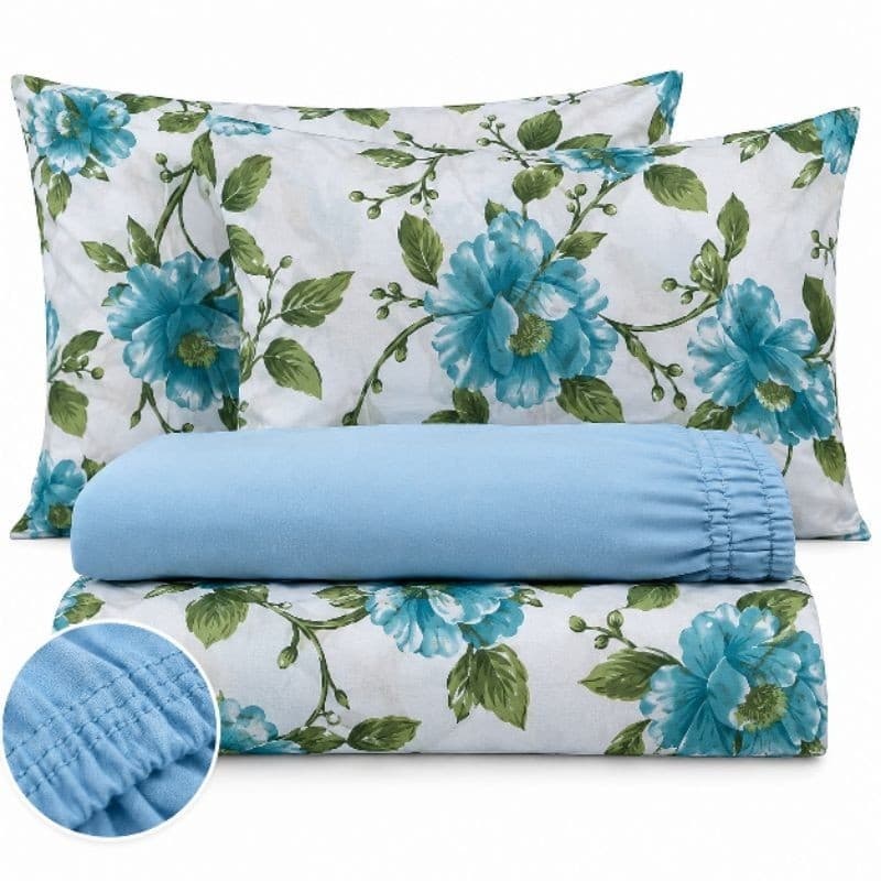 Jogo de Lençol Cama Casal 4 Peças. Lençol sem elástico estampado, Lençol Com Elástico Cor Lisa, 2 fronhas Estamapdas.