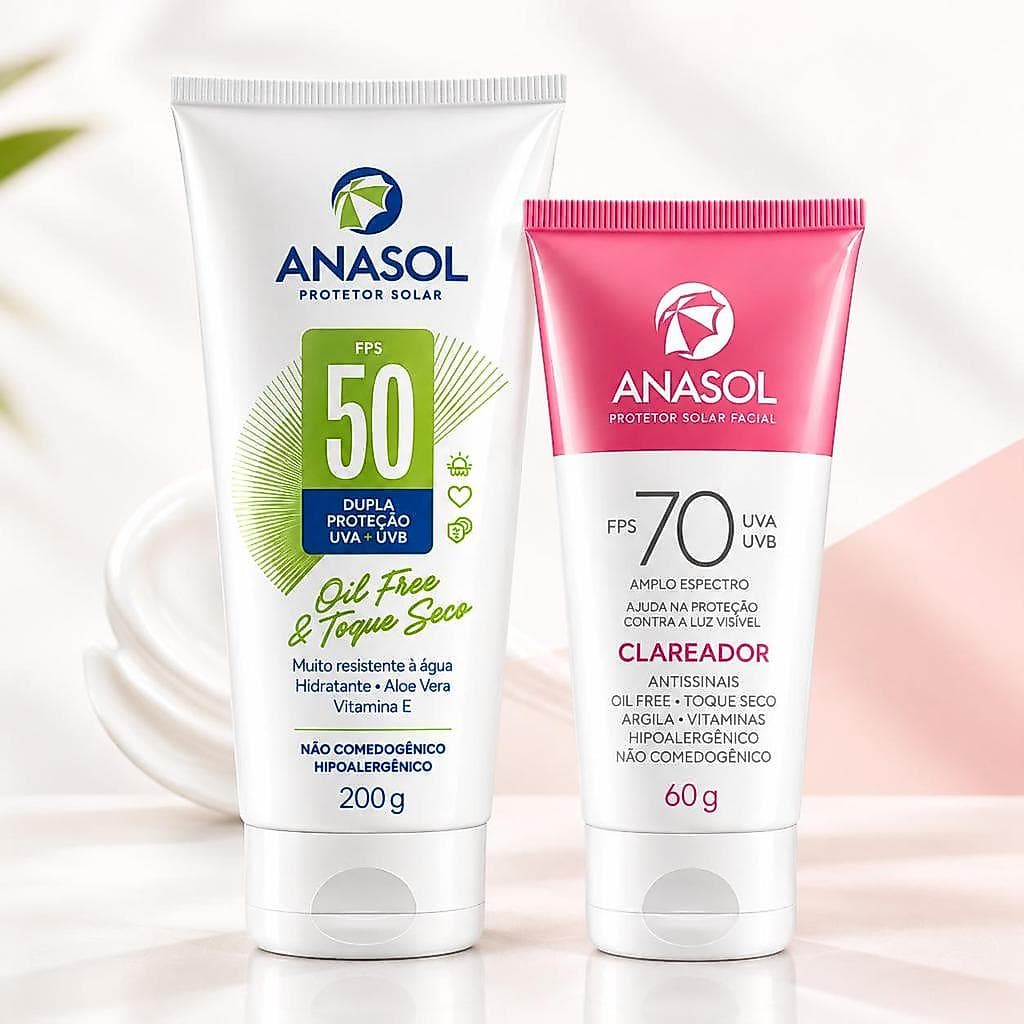 Kit Protetor Solar AnaSol FPS 50 Oil Free e Toque Seco Protetor Solar Facial Clareador FPS 70
