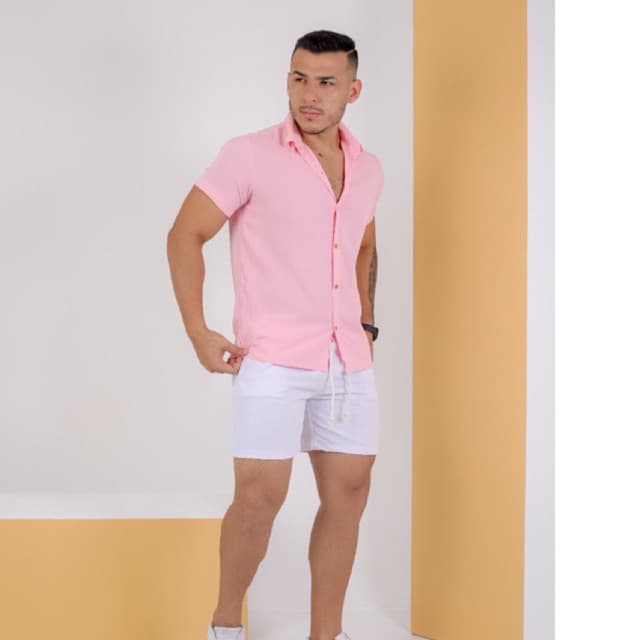Camisa Masculina Botão Manga Slim Social Rosa