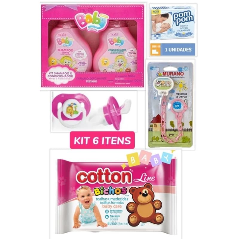 Kit bebe higiene 6 itens essenciais shampoo + condicionador Muriel lenço umedecido presente bebê recém nascido maternida