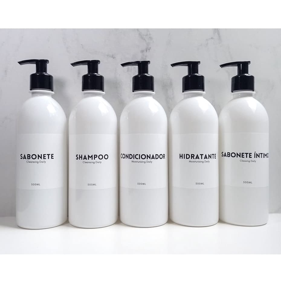 Kit Frascos Branco 5 Peças Shampoo Condicionador Sabonete íntimo Hidratante Sabonete 500ml