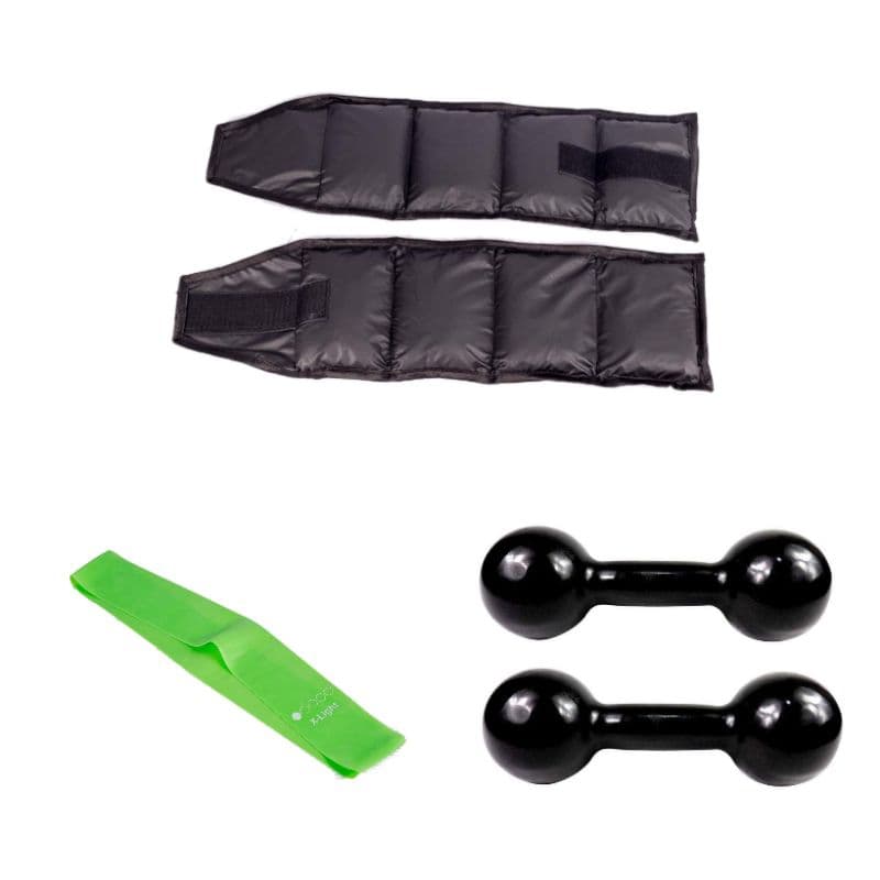 Kit Par Halter Emborrachado 2 Kg  e Caneleira 2 Kg + Elástico Treino