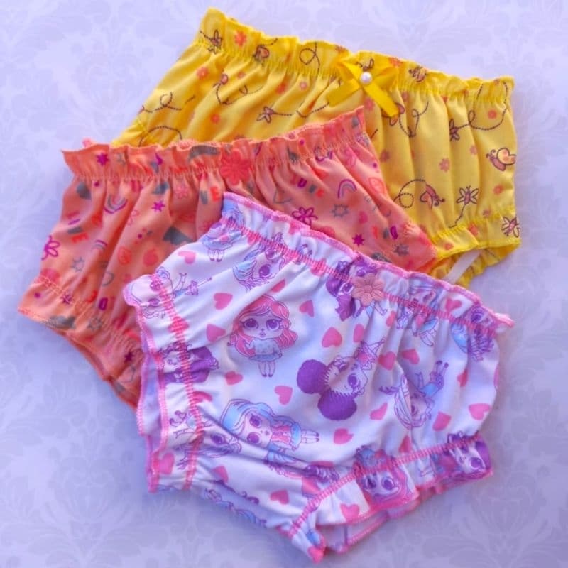 kit 5 Calcinhas Infantil Frufru Tapa Fralda Menina Estampadas Malha Macia