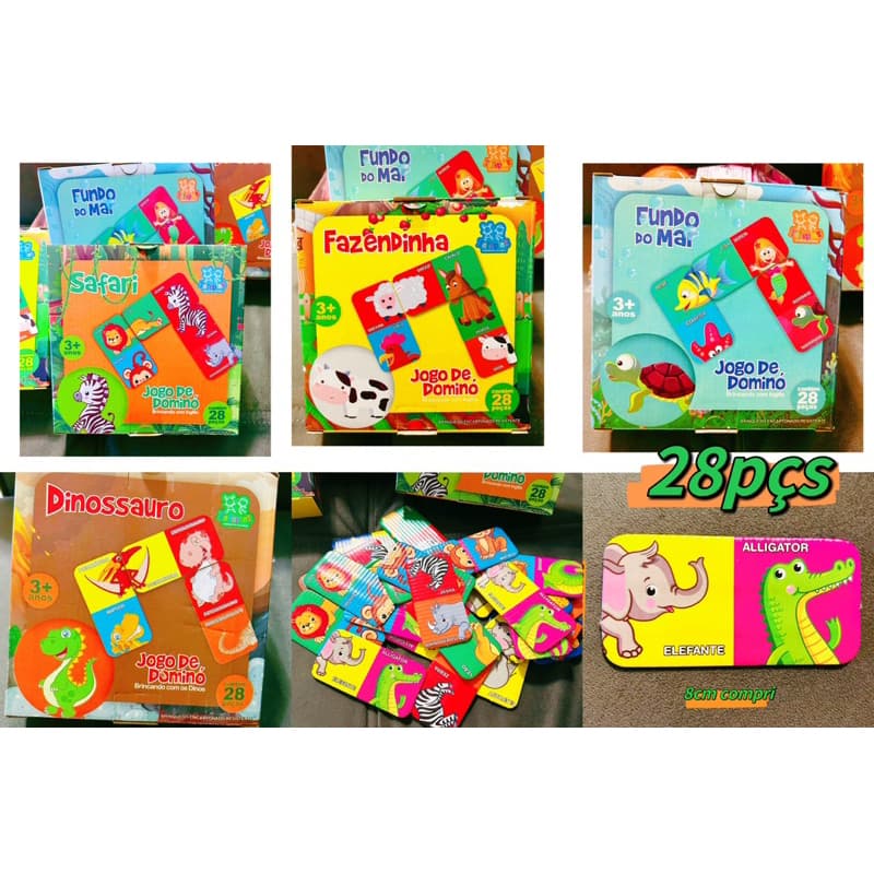 Brinquedo dominó dinossauro fazendinha pra criança brinquedo didático educativo aprenda Português/Inglês