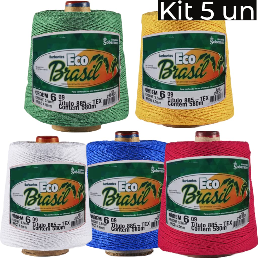 Kit 5 Barbantes Eco Brasil Fio n°6 Soberano de 580 Metros e 885 TEX para Crochê, Tricô, Macramê, Tapeçaria e Tear
