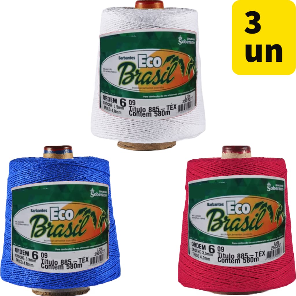 Kit 3 Barbantes Soberano Eco Brasil Colorido Ordem n° 6 de 700 Gramas 580 Metros para Crochê e Artesanato