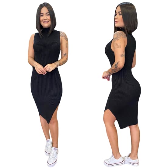 Vestido Feminino Midi Blogueira Basico Com Uma Fenda Lateral Malha Canelada Roupas e Vestidos Feminina Tamanho P, M, G e GG