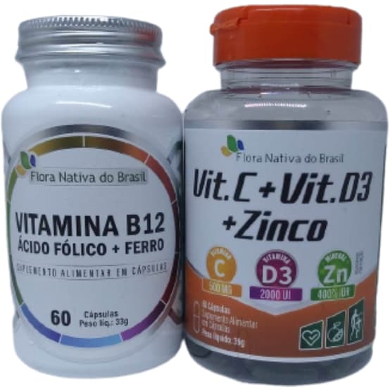 Vitamina C + Vitamina D3 + Zinco 60 Caps + Vit B12 + Ácido Fólico + Ferro 60 caps