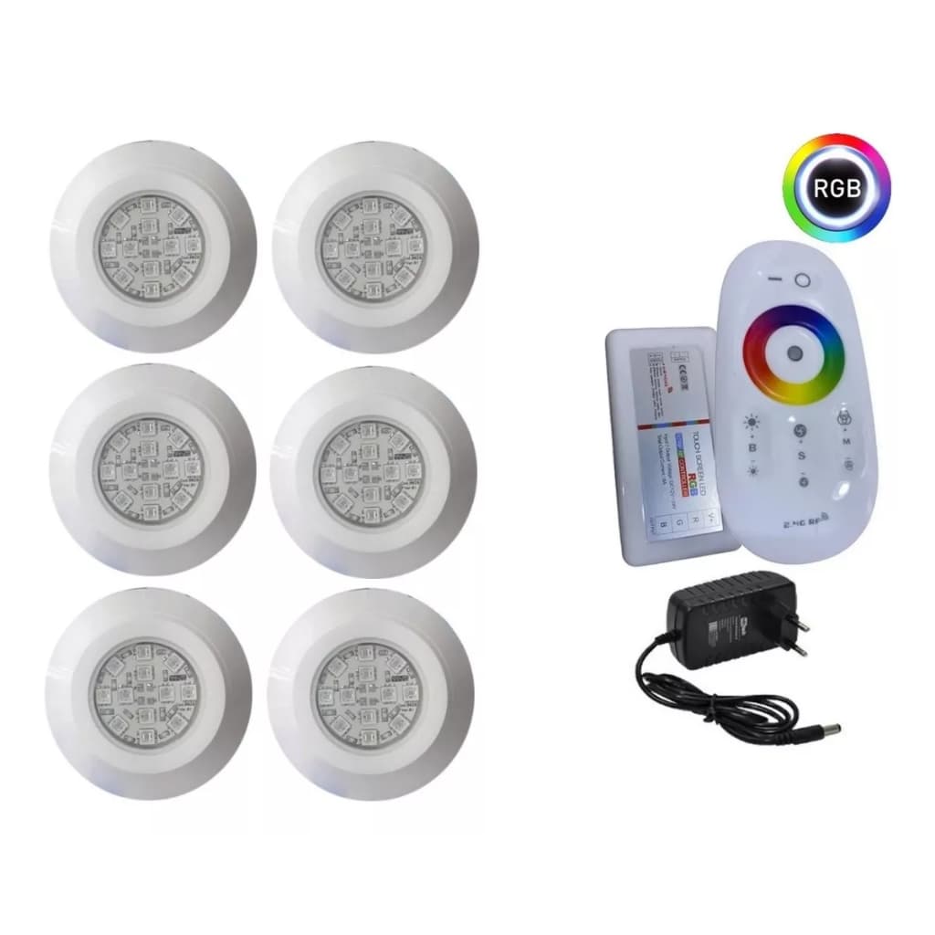 KIT ILUMINAÇÃO LUMINARIA LED PARA PISCINA - 6 SUPER LED COLORIDO RGB COM CENTRAL E FONTE