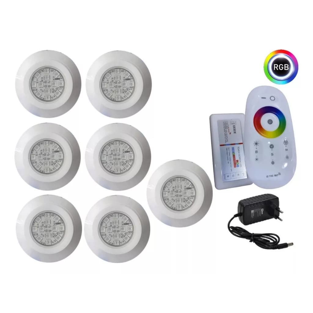 KIT ILUMINAÇÃO LUMINARIA LED PARA PISCINA - 7 SUPER LED COLORIDO RGB COM CENTRAL E FONTE