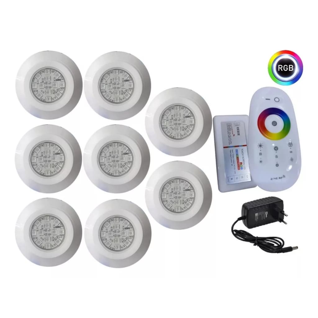 KIT ILUMINAÇÃO LUMINARIA LED COLORIDO PARA PISCINA - 8 SUPER LED RGB COM CENTRAL E FONTE 12V