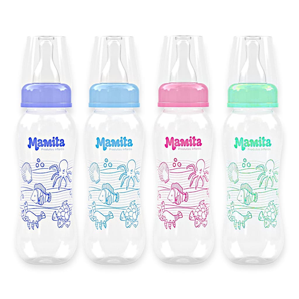 Mamadeira 240 ML Bico de Silicone Decorada Colorida pacote C/12 Mamadeiras Bebê Menino Menina