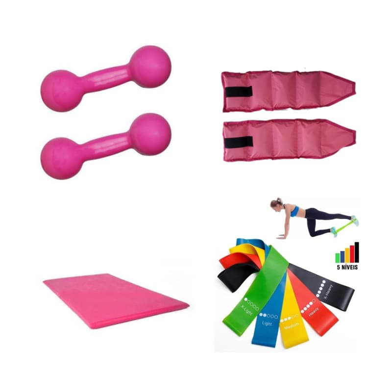 Treino Completo Par Halter 2 kg Rosa + Par Caneleira 3 kg + Colchonete + Kit theraband