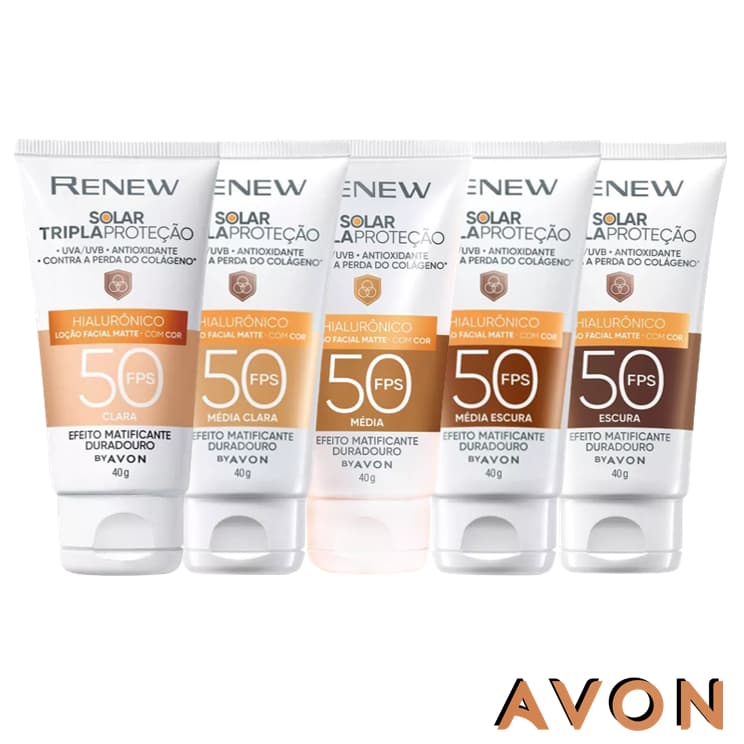 Protetor Solar Facial Avon Renew com Cor FPS 50 - 40g: Clara, Média Clara, Média, Média Escura ou Escura (Matificante)